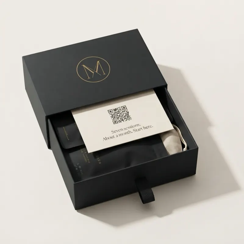 Meridiana Box I, a black tea gift box with a gold monogram and a QR card: seven sessions, about a month