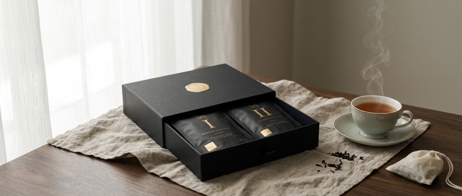 Meridiana loose leaf tea gift box with muslin sachets, presented for hotel and corporate gifting