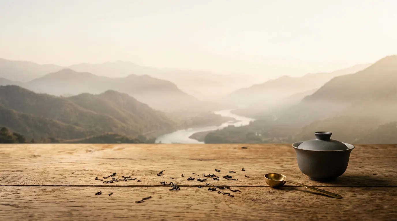 Folhas de chá soltas, um gaiwan de cerâmica e uma colher de medida em latão sobre uma mesa de madeira, com montanhas de chá envoltas em névoa ao fundo. Meridiana, casa de chá de folha solta